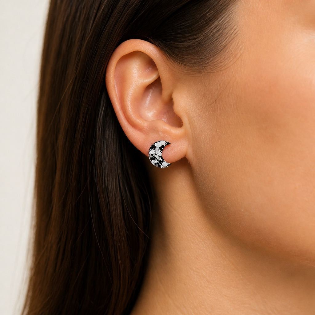 PF-BLACK-WHITE-MOON-RESIN-EARRINGS worn image