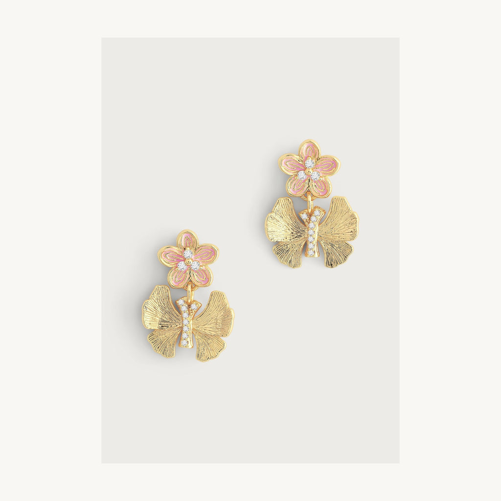 Butterfly With Enamel Flower Earrings