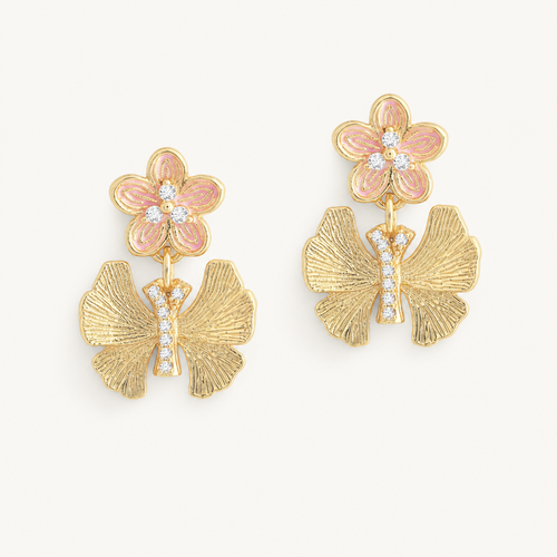Butterfly With Enamel Flower Earrings