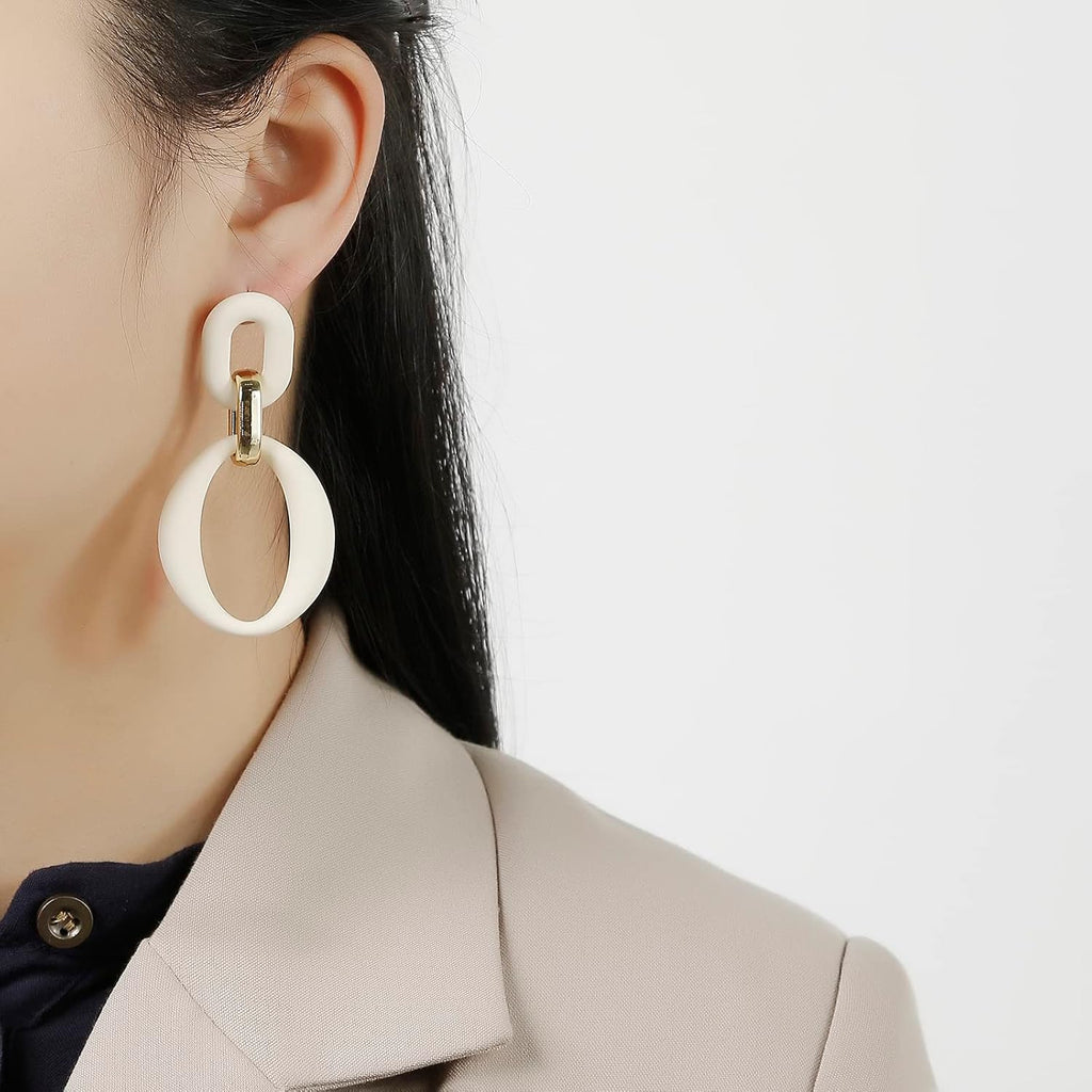 Cream White Oval Acrylic Statement Drop Earrings