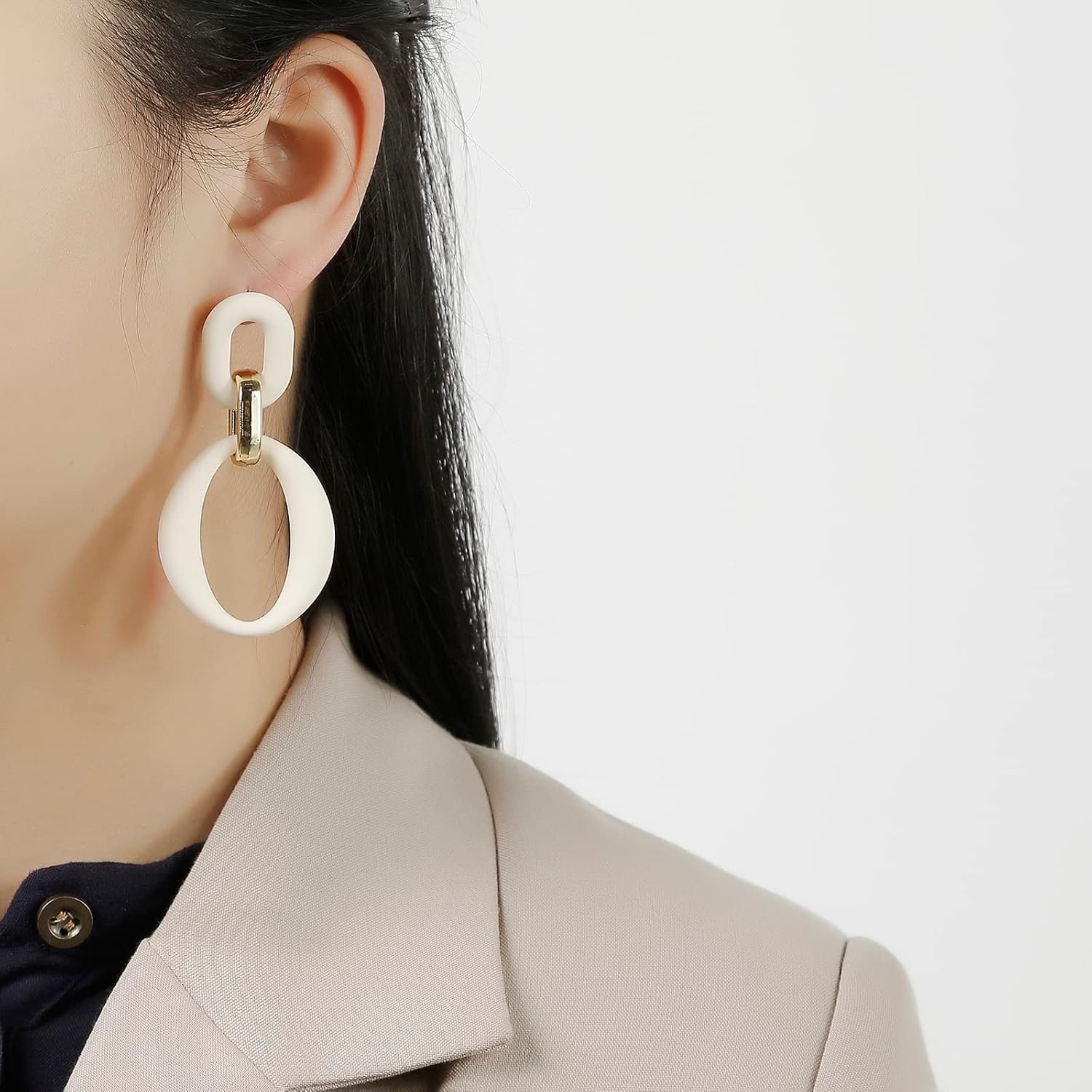 Cream White Oval Acrylic Statement Drop Earrings