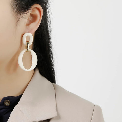 Cream White Oval Acrylic Statement Drop Earrings