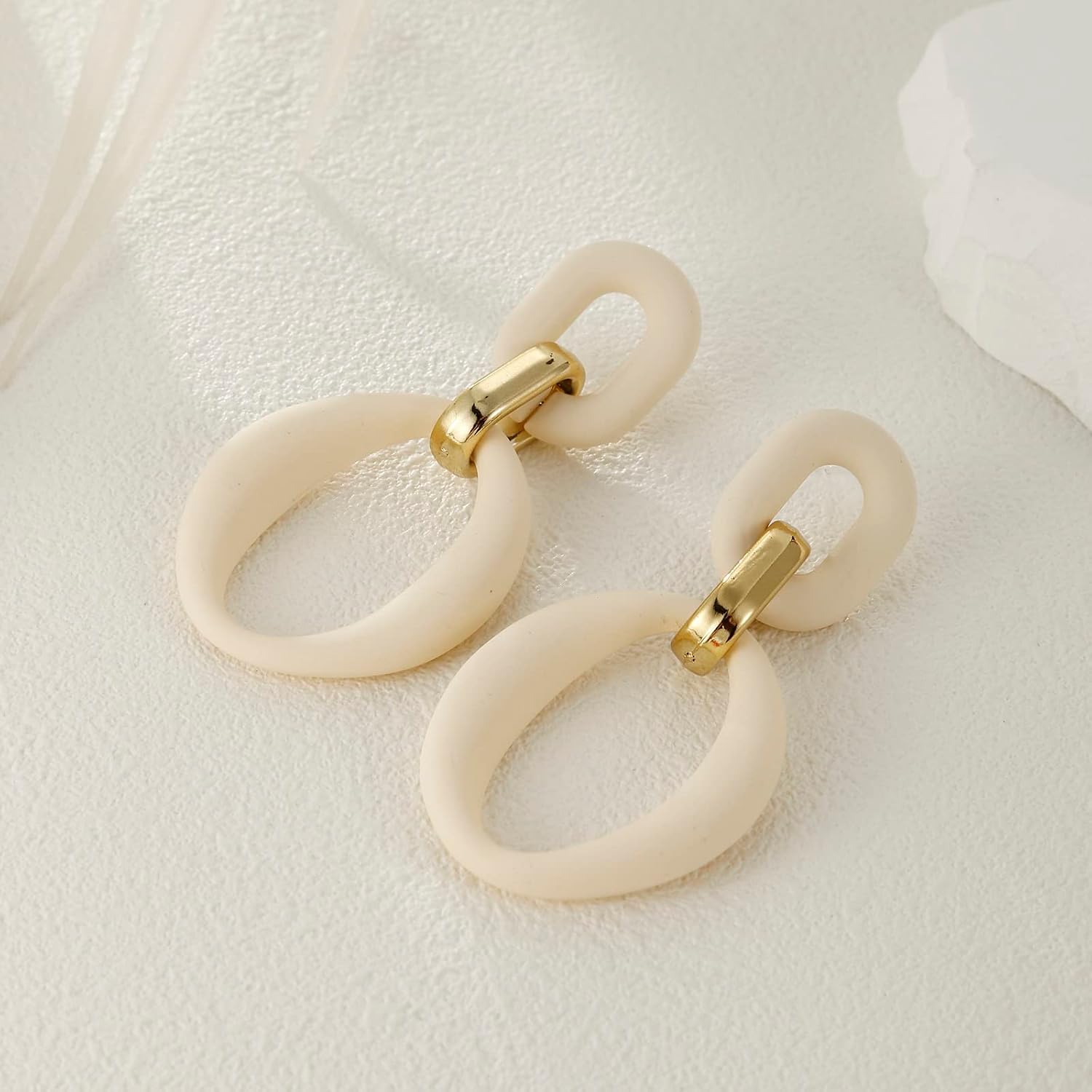 Cream White Oval Acrylic Statement Drop Earrings