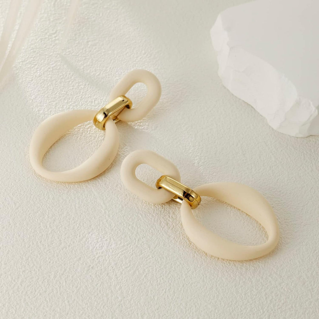 Cream White Oval Acrylic Statement Drop Earrings