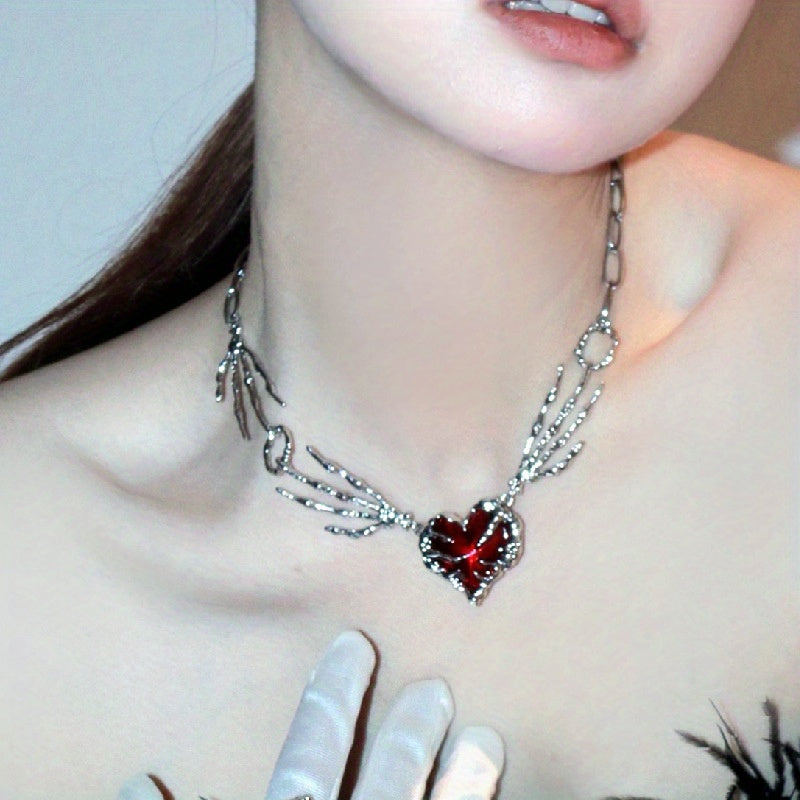 Dark Red Heart Ghost Claw Necklace