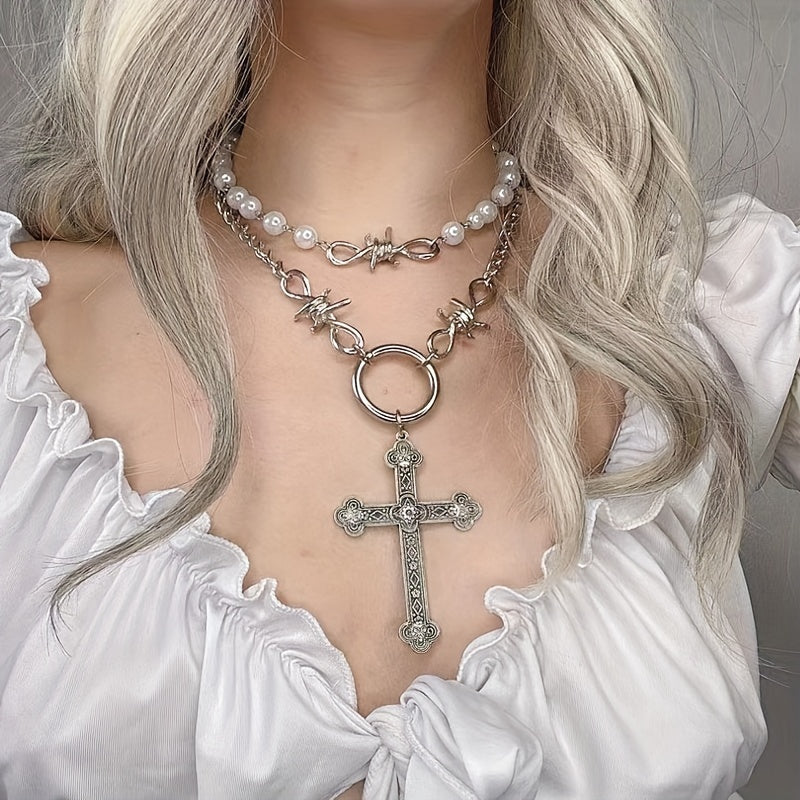 Faux Pearl Cross Pendant Necklace Set