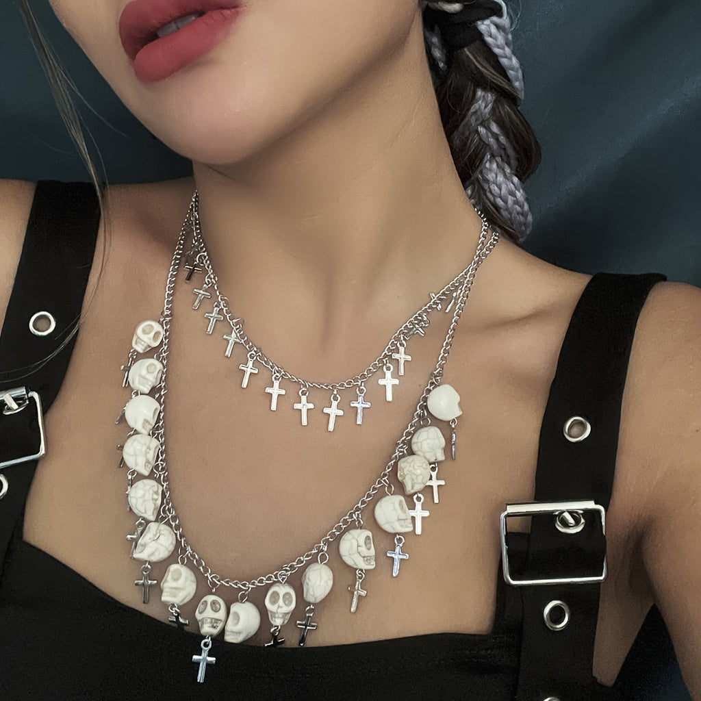 Skull Cross Tassel Layered Necklace