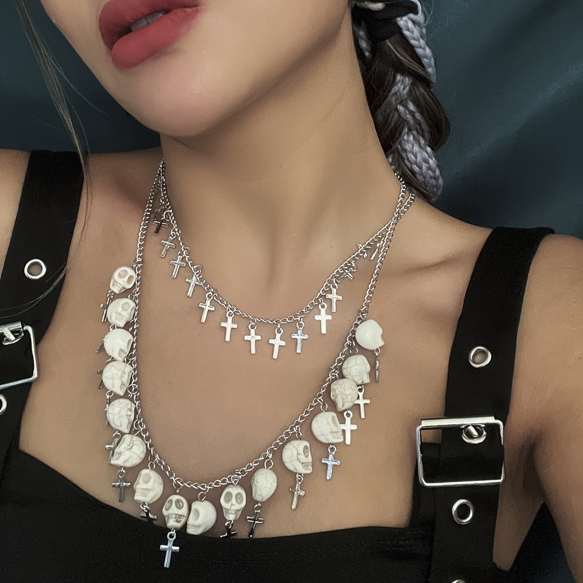 Skull Cross Tassel Layered Necklace