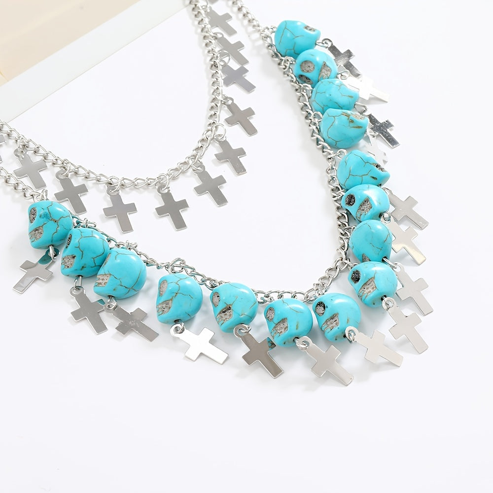 Skull Cross Tassel Layered Necklace