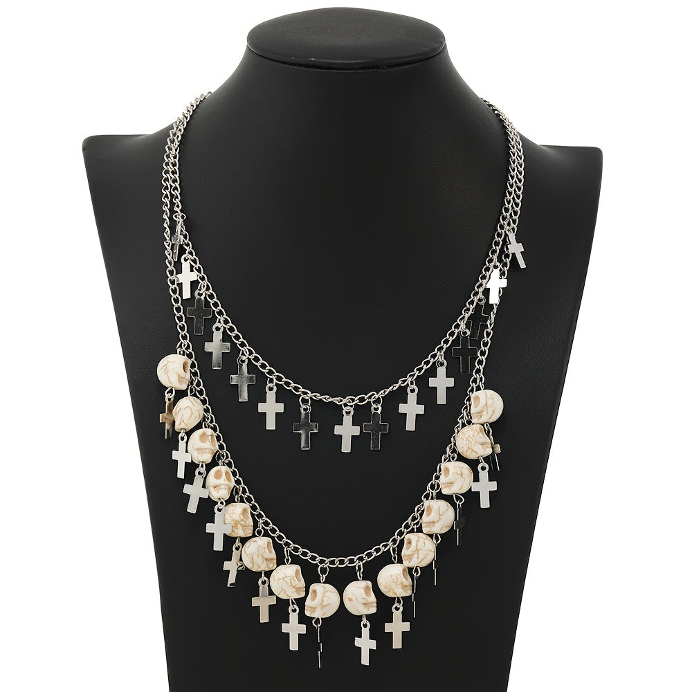 Skull Cross Tassel Layered Necklace